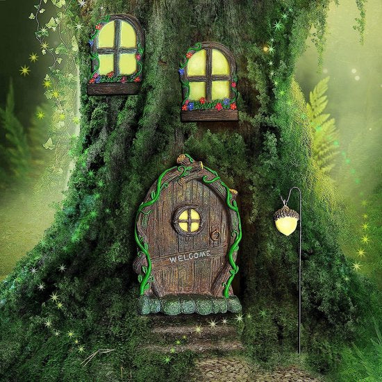Tuinfiguur feeëndeur decoratie | 4 kabouterdeuren tuindecoratie figuren outdoor glow in the dark house decoratieve set miniatuur tuinaccessoires: Fairy deur GNOME home deur raam lamp tuinieren cadeau