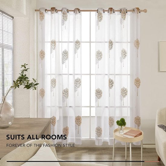 Voile gordijn linnenlook gordijn met ogen transparant gordijn met borduurwerk blad, 175 x 140 cm (hoogte x breedte), linnen + wit, set van 2