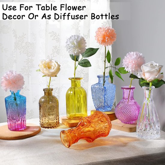 Kleine vazen ​​set veelkleurig 24-delig minivaas glas vintage bruiloft kristallen heldere bloemenvaas verschillende maten moderne smalle glazen vazen ​​tafeldecoratie voor bloemen decoratie woonkamer badkamer Moederdag cadeau