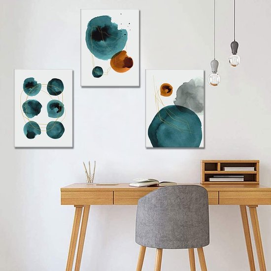 3-delige abstracte canvasafbeeldingen met inkt en lijnenmotief kunstdruk - moderne muurafbeelding voor badkamer woonkamer wanddecoratie - 30 x 40 cm