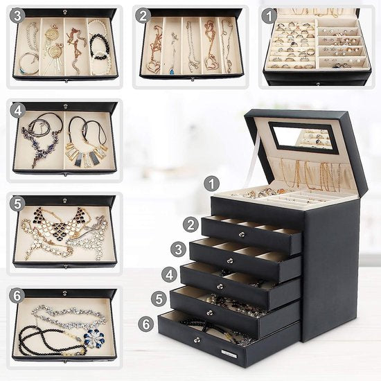 Seelux make-up-doos, sieradendoos, verkrijgbaar in verschillende maten, zwart-wit, zwart, 5 schuiflades