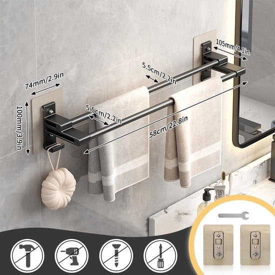 Badhanddoekhouder, zonder boren, zwart zelfklevend handdoekrek met antiroest aluminium, 2-laags dubbele stang, wandgemonteerd handdoekenrek zwart en 2 haken voor badkamer keuken douche (58 cm)