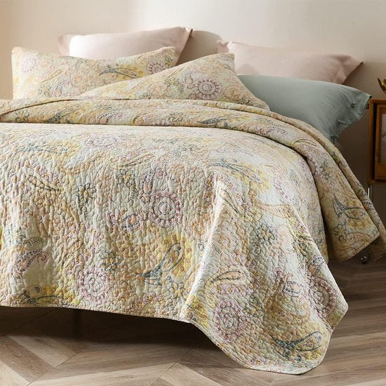 sprei van katoen 220x240cm, sprei 230x250 voor tweepersoonsbed met geel paisley bloemenpatroon, all-season deken, banksprei, gewatteerde deken met 2 kussenslopen
