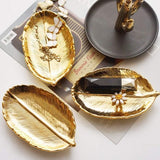 Golden Leaf Shaped Kleine keramische sieraden ring snack dessert serveerbord halsketting armbandhouder lade organizer - klein bladgoud