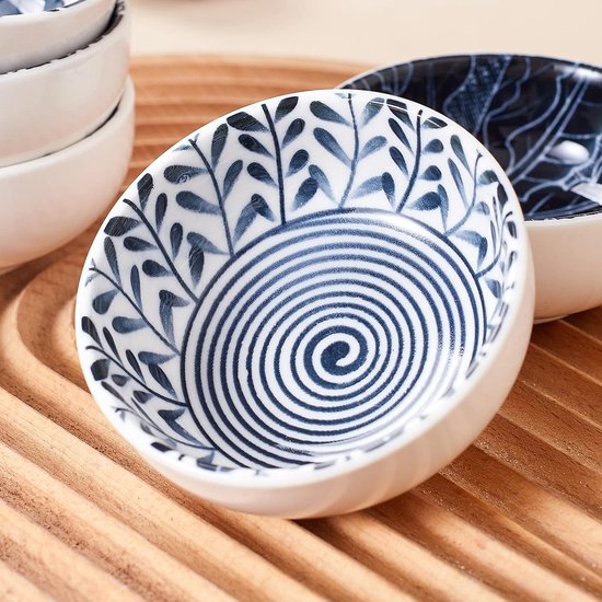 Keramische dipkommen, 3" knijpkommenset, zijsausbekers, servies voor sushi, snack en soja, barbecue, 70 ml, blauwe en witte minikommen voor de keuken, 6 stuks