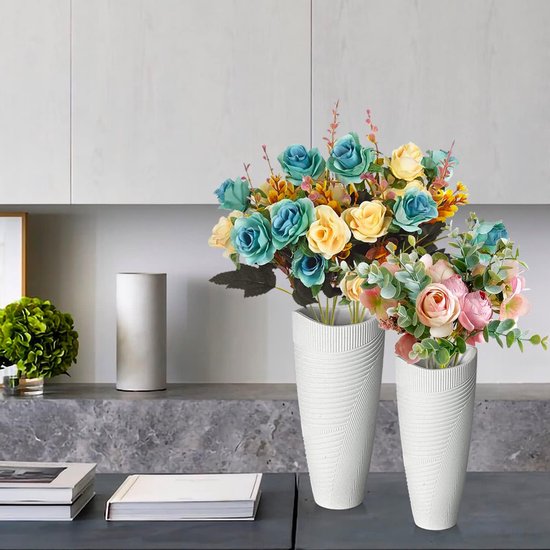 Vaasset, witte bloemenvaas set van 2, decoratieve vaas voor in de woonkamer met een dikke bodem, handgemaakte vaas van hars, geschikt voor kantoor en bruiloften met pampasgras, 28 cm en 23 cm hoog.