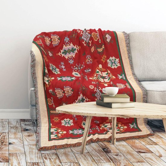 Deken, boho-stijl, boho-bankovertrek, sprei, 130 x 180 cm, 100% handgeweven katoen, dubbelzijdig gebreid kwastje, woondeken, bankdeken, vintage Indiase decoratie voor kamer, bank, bed, stoel