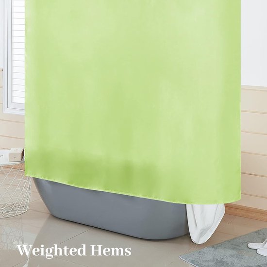 Douchegordijn, extra lang badgordijn, schimmelwerend, textielgordijnen van stof, antibacterieel, waterdicht, mosterdgroen, extra breed, 275 x 180 cm, met 18 douchegordijnringen.