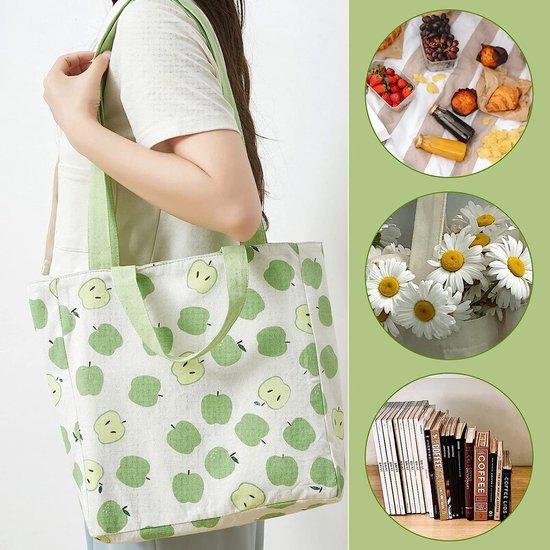 Dubbelzijdige linnen tas van katoen en linnen, stoffen tas, boodschappentas, katoenen schouderriem, dubbele draaggreep, canvas, messenger bag voor dames, kinderen (groene appels, 31 x 10 x 31 cm)