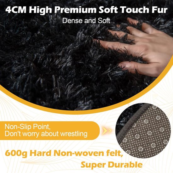 Ronde tapijten, rond, 120 cm, zacht, groot, antislip, wasbaar tapijt, woonkamer, hoogpolig tapijt, shaggy modern hoogpolig tapijt, slaapkamer gezellig bedtapijt, thuis, zwart, wasbaar