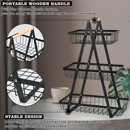 Fruitmand, broodmand, 3 etagères, metalen fruitschaal, etagère, broodmand, groentemand, etagère met 3 niveaus, afneembare fruithouder voor keuken, fruit, groenten, snacks