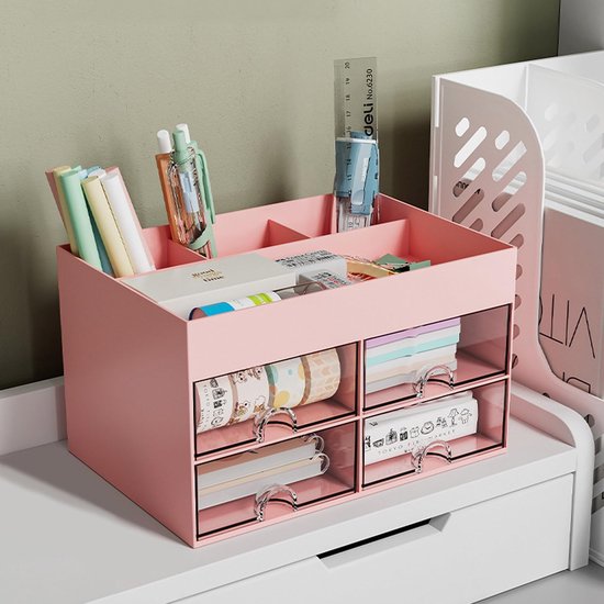 Bureau-organizer, bureau-organizer met 4 laden, bureau-organizer laden, multifunctionele bureau-organizer, ruimtebesparende bureau-organizer (roze)