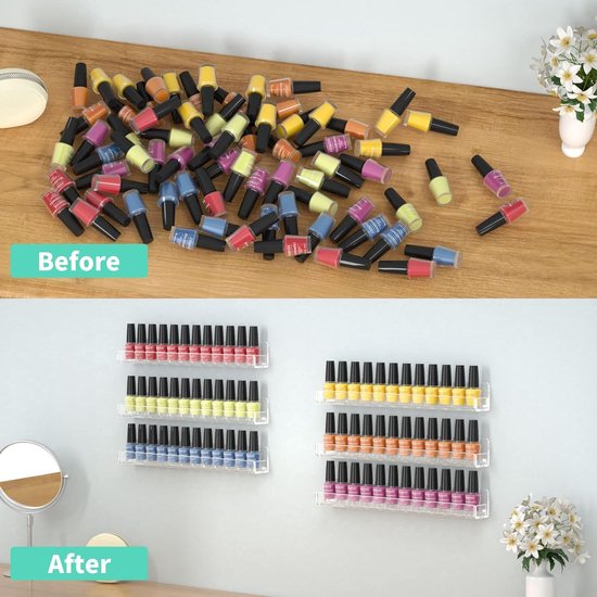 nagellakrek 6 stuks, nagellakorganizer muur, acryl nagellakopslagrek voor maximaal 90 flessen, wandplankorganizer voor nagellak/parfum/lippenstift/etherische oliën, transparant