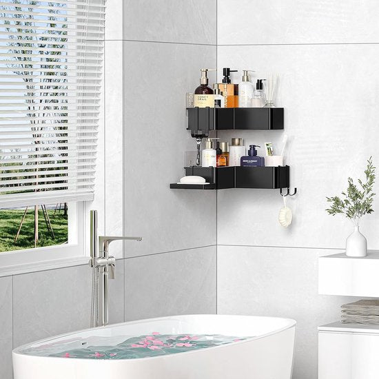 Doucheplank, zonder boren, roestvrij, zelfklevend, badkamerorganizer, hoek, doucheplank met 4 haken en zeephouder, duurzame shampoohouder voor douche van roestvrij staal, 2 stuks