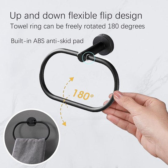 8-delige roestvrijstalen badkameraccessoireset, handdoekenrek, toiletrolhouder, handdoekring, kapstok, 2 zelfklevende haken, 2 scheermeshouders (zwart)