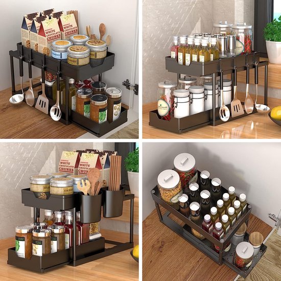 Premium ondergootsteenorganizer - flexibele 2-laags ondergootsteenplank met 4 haken en 2 kopjes, onderkastorganisator voor badkamers, keukens - zwart, uittrekbaar