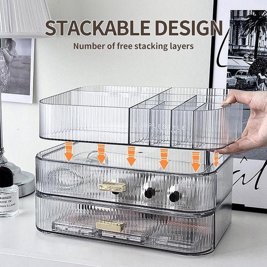 Make-up Organizer met stapelbare laden, ijdelheid badkamer dressoir slaapkamer cosmetische vitrines, grote capaciteit schoonheidsopslag, kaptafel huidverzorging aanrecht organisator-transparant