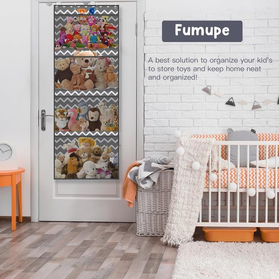 Opslag voor knuffeldieren, boven de deur-organizer voor knuffeldieren, babyaccessoires en vochtige doekjes, ademende hangorganizer met 4 grote vakken voor kinderkamer, slaapkamer, grijs