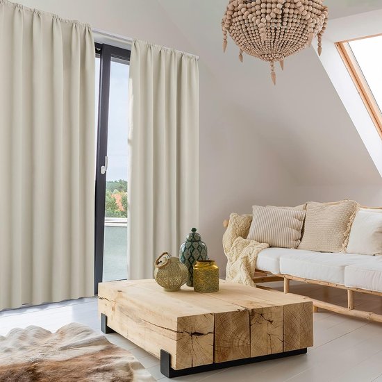 Verduisteringsgordijn, ondoorzichtig, thermogordijn met plooiband, 290 x 140 cm (hoogte x breedte), crème, set van 2