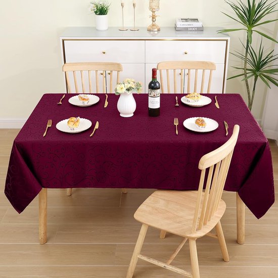 Tafelkleed afwasbaar, rechthoekig, 140 x 180 cm, polyester, tafelkleed, jacquard, tafellinnen, ornamenten, vuilafstotend, onderhoudsvriendelijk, wijnrood