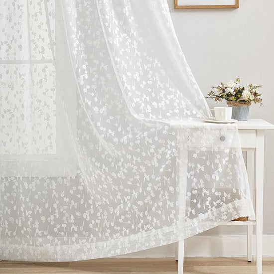 White Semi-Transparent Lace Curtain, Modern Embroidery Curtains with Eyelets, Crochet Knitting Curtain with Leaf Pattern for Living Room, Farmhouse, Bedroom, 2 Pieces, W 140 x H 180 cm