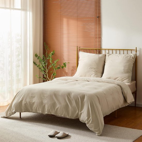 Beddengoed 135 x 200 cm, beddengoedsets beige, dekbedovertrek 135 x 200 cm, zachte strijkvrije microvezel, 2-delig, 1 beddengoed en 1 kussensloop 80 x 80 cm, met ritssluiting