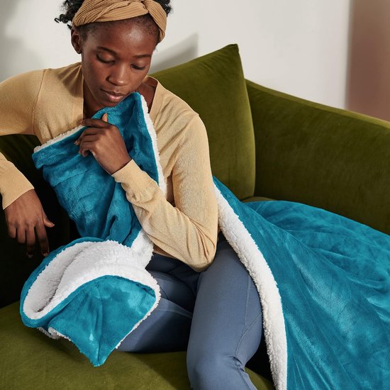Deken voor de bank, knuffeldeken, turquoise, warme Sherpa bankovertrek, deken, dikke bankdeken, 230 x 270 cm, wollige woondeken voor de bank