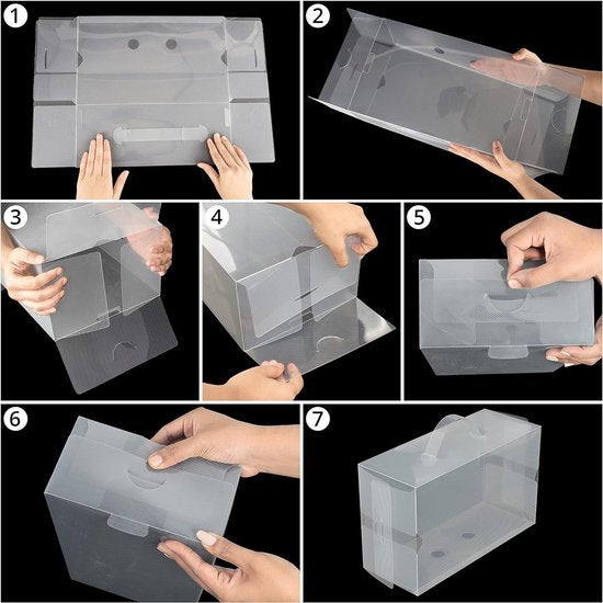 10 stuks doorzichtige kunststof schoenendozen, 31,7 x 20 x 12,8 cm, geschikt voor dames-, heren- en kinderschoenen, opvouwbaar, geribbeld en stapelbaar voor opslag en reizen