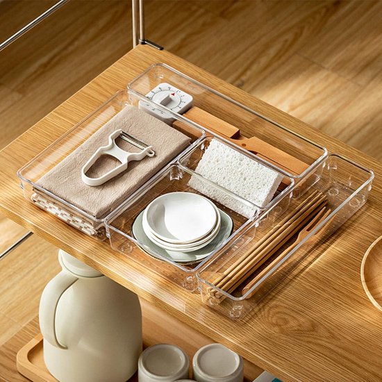 16 stuks opbergsysteem voor laden, 5 maten, gescheiden lade-organizer, opbergsysteem, antislip, transparante make-up-organizer, lade voor make-uptafel, keuken, badkamer (transparant)