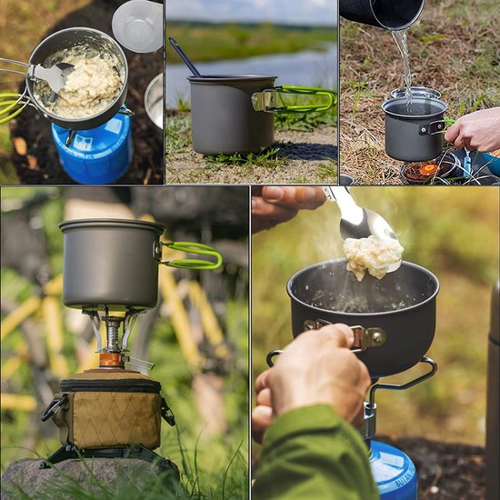 Camping kookgerei, set voor 2 personen, campingpan van aluminium, outdoor servies met opvouwbaar bestek, campingservies voor rugzakreizen, wandelen, vissen, picknicken