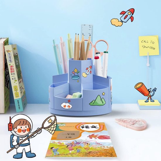 360 graden draaibaar, creatieve pennenhouder, draaibare pennenkoker, bureau-organizer, met 2 cartoonstickers, met 7 vakken en antislipmatten, voor kantooropslag, make-uptafel (roze)