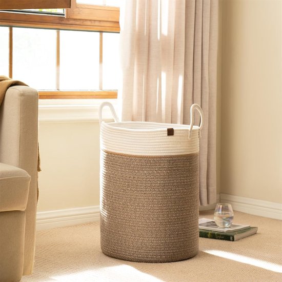 Gevlochten mand, katoenen touw, opbergmanden, grote katoenen mand, wasmand voor deken, kinderspeelgoed, S-wasmand voor kinderkamer, 58 liter, mokka