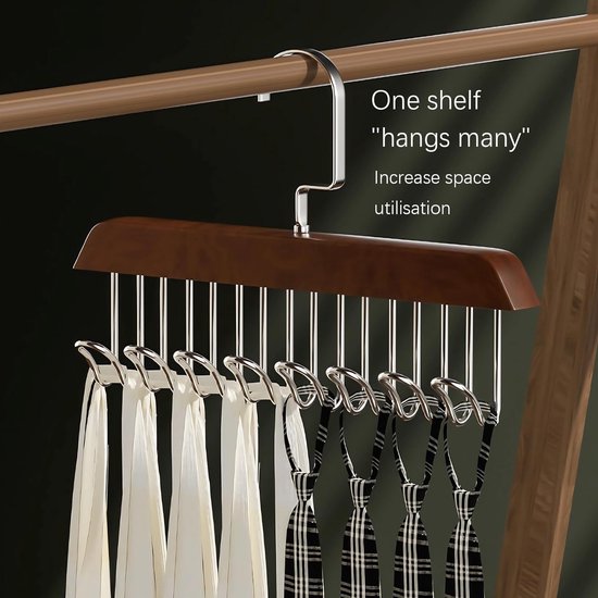 Houten kleerhangers, 4 sets, riemhangers van hout, hangers voor kleding met meerdere haken, 360 graden draaibare beugel, voor sjaalhangers, stropdassenhouder, riemhouder