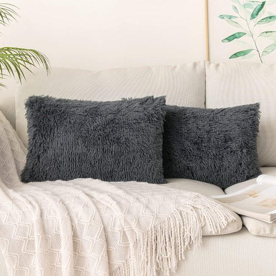 Set van 2 kussenslopen, kunstbont, decoratief, knuffelig, voor bankkussen, pluche kussen, knuffelig bankkussen, superzacht, donzige kussenhoes voor bank, 40 x 60 cm, blauwgrijs