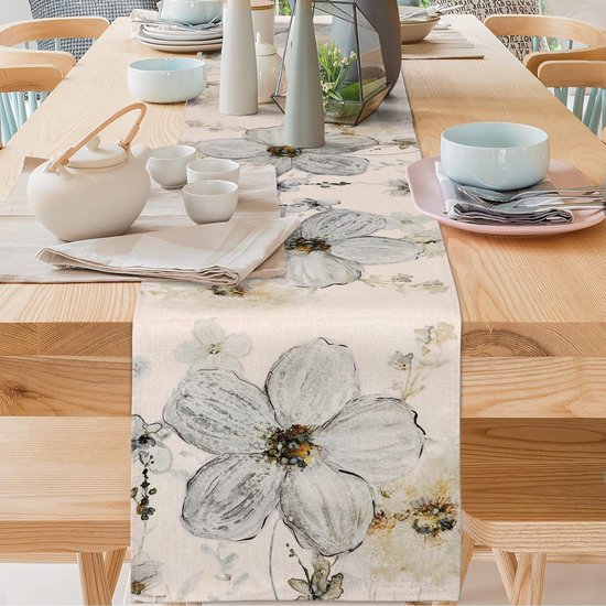 Tafelloper beige bloem 32 x 180 cm wasbaar tafelkleed bloemen planten tafelloper zomer decoratieve tafelloper modern voor eetkamer keuken boerderij bruiloft verjaardag buiten