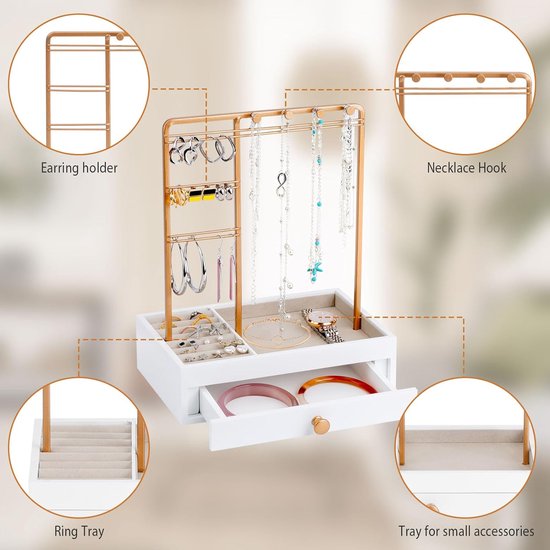 Sieradenstandaard met lade, sieradenhouder, 2-in-1, oorbelstandaard, kettingstandaard met laden, witte sieradenstandaard voor halskettingen, ringen, armbanden, oorbellen, horloges, cadeau voor