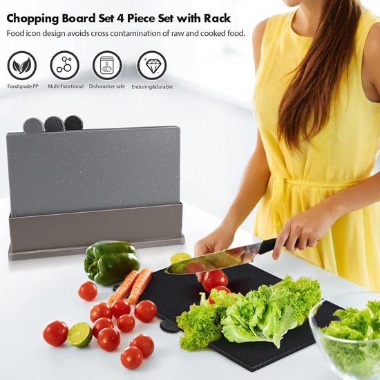 Chopping Board, Plastic, Set of 4, Chopping Boards with Handle and Rack, BPA-Free, Dishwasher Safe, Durable, Non-Slip