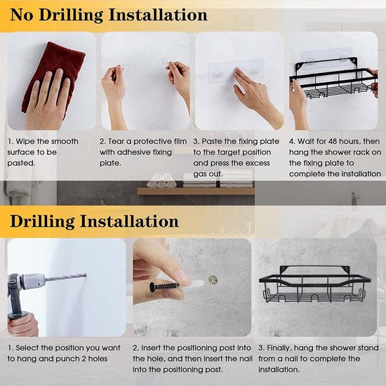 Doucheplank gezoneerde boringen, set van 4, zwart, met zeewering en bevestiginghouder, roestvrij staal, gezoneerde boringen, voor badkamer en keuken