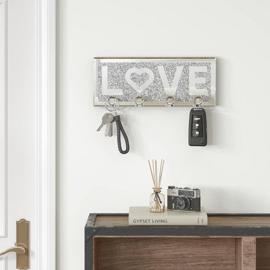 Home Sleutelhouder Zilver met 4 Kristallen Haken, Gespiegelde Sleutelopslag, Sleutelhaak Modern, Sleutelhouder Muur, Wanddecoratie, Hal