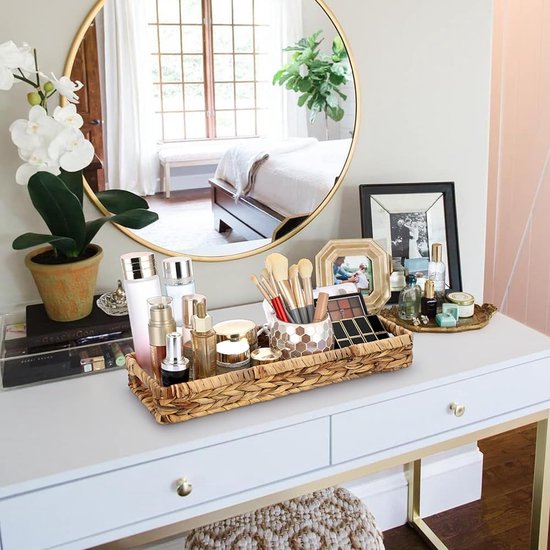 Geweven tablet van waterhyacint, zeegras met handgrepen, bruin waterdichte rechthoekige opbergmand in badkamer, slaapkamer, toiletafdekking als decoratie, cadeau, 43 x 16 x 5 cm