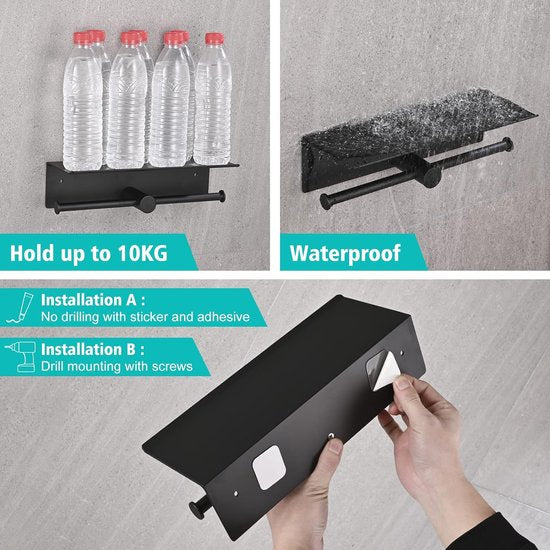 Toiletpapierhouder zonder boren, wc-rolhouder met plank, zelfklevend, wandmontage, aluminium, dubbele wc-rolhouder, wc-papierhouder, voor badkamer, 31 cm, zwart