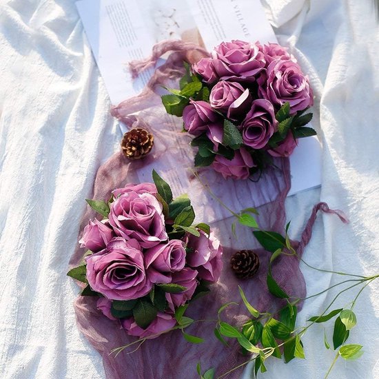 bloemenslinger, kunstbloemen, zijden bloemen, rozenslinger, hangende wijnstok voor thuis, muur, bruiloft, boog, opstelling decoratie (2 stuks, paars) rood)