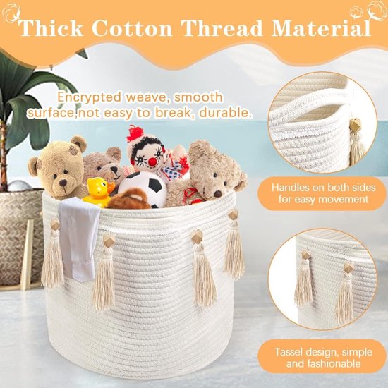 Manden van gevlochten touw, grote mand van katoenen touw, wasmand, opbergmand, gevlochten ronde geschenkmand met handgrepen, speelgoedopberger voor kinderkamer, organisatie van de was, wit