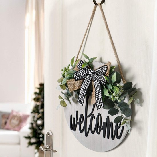 Welkomstbord voor de voordeur, welkomskransen, houten bord voor op de boerderij veranda, decoratief houten deurkrans, zomerse buitenversiering, hangend cadeau, ambachtelijk gemaakt, 30 x 30 cm (wit)