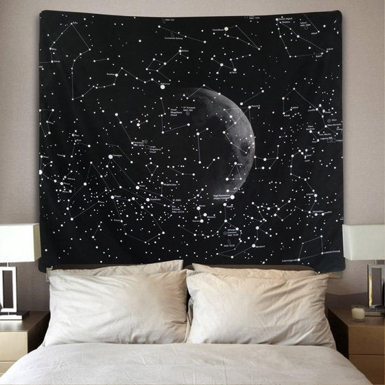 wandkleed maan zwart wandtapijt nacht hemel wanddoek sterrenbeelden psychedelisch tapijt 150 x 210 cm