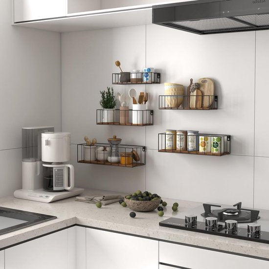 Set van 5 wandplanken, zwevende planken met zwarte metalen staven en bruine houten plank, rustieke plankenwand voor keuken, badkamer, slaapkamer, woonkamer en kantoor (verticale lijn)