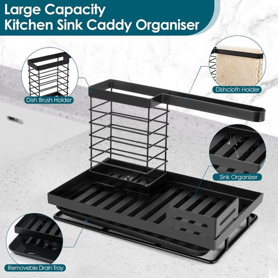 Sink Organiser, Sink Organiser with Brush Holder, Stainless Steel Sink Shelf with Drain Pan, Kitchen Utensils, Sponge Holder, Washing-Up Liquid Holder, Sink Caddy, Black for Kitchen and Bathroom