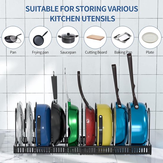 Potdekselhouder, uitbreidbare dekselhouder Lade Potdekselhouder met 10 verstelbare verdelers Pannenhouder Potdekselhouder Lade voor potdeksels, snijplanken, pannen