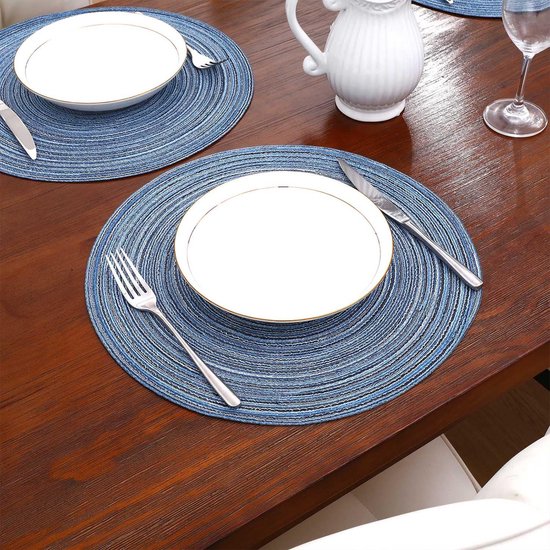 Set van 6 placemats wasbaar rond blauwe placemats rond gevlochten hittebestendige placemats rond wasbare vuilafstotende placemats voor bruiloft, restaurant, keuken, feest