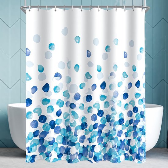 Shower Curtain, 260 x 200 cm, Blue Petals, Weighted Hem, Anti-Mould Textile, Water-Repellent, Washable Polyester Bath Curtains with 14 Eyelets and Shower Curtain Rings for Bathroom, Bathtub